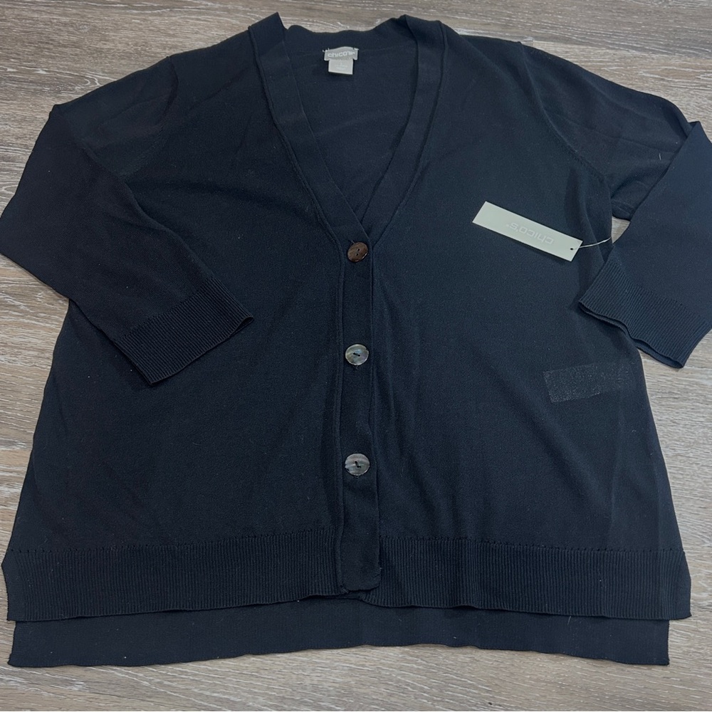 🖤 CHICO’S Black Cardigan Sweater | Size 1 (S/M) | Three-Button Front | NWT